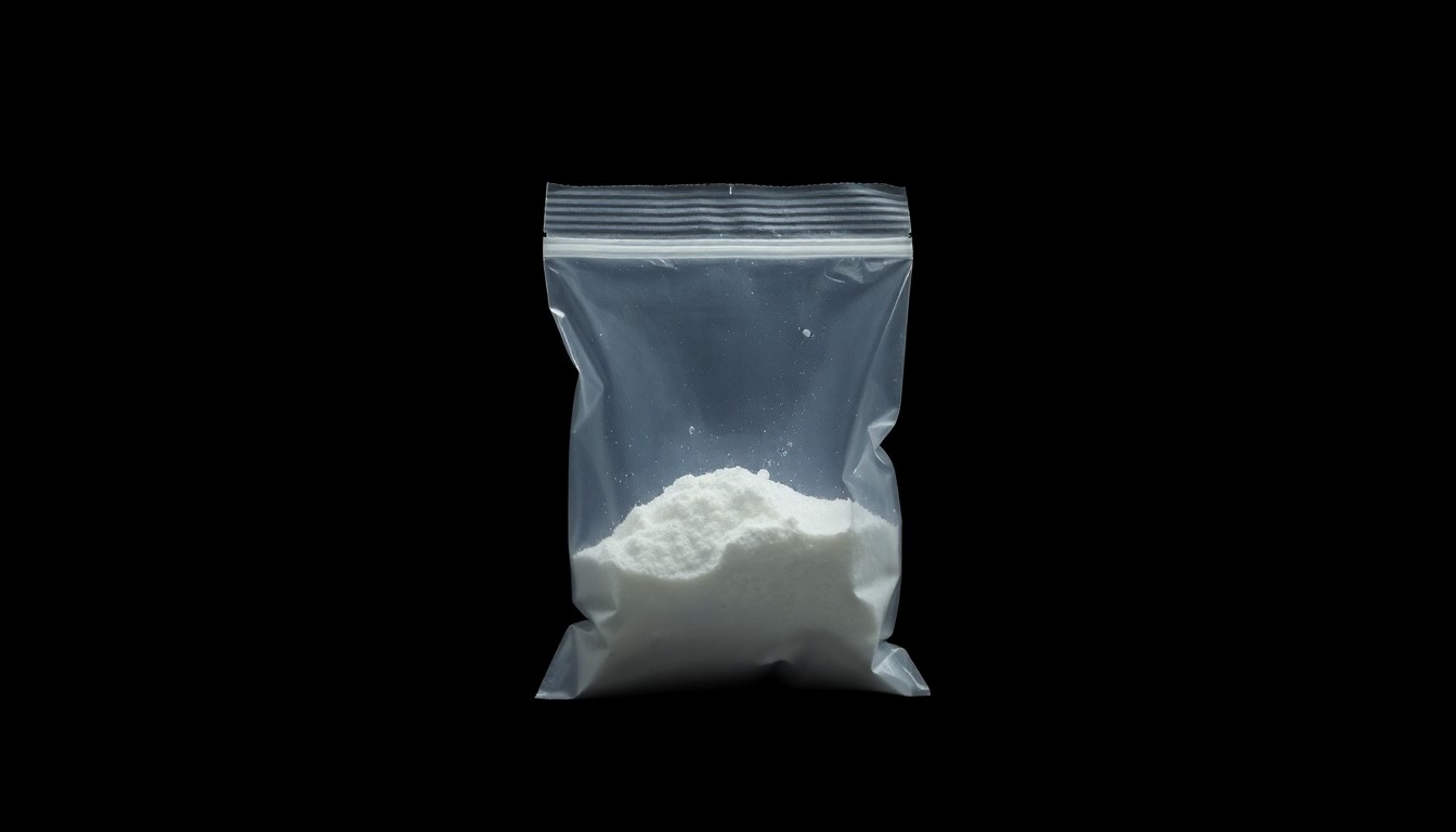 An extreme close-up photograph of a small plastic bag containing an unidentified white powder substance, creating a stark, gritty, investigative aesthetic without any text or identifiable elements.