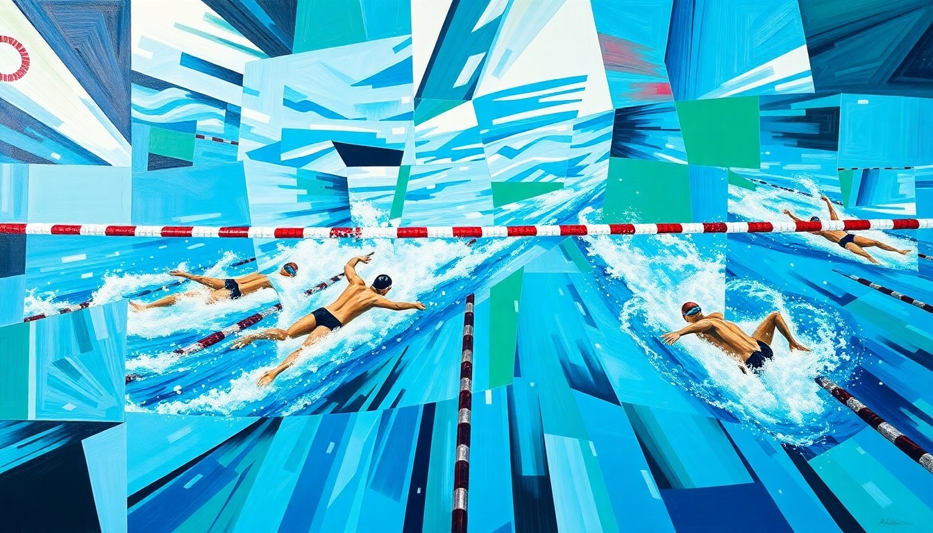 A cubist, geometric painting depicting an abstract swimming competition, with overlapping planes of vibrant blues, greens, and whites representing the water and swimmers in motion.
