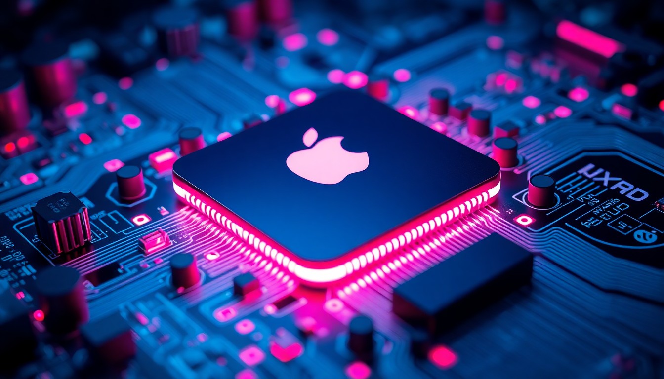 A highly detailed, glowing 3D illustration of a futuristic Apple silicon chip and circuit board, illuminated by vibrant neon cyan and magenta lights, conceptually representing the technological advancements and challenges of Apple's hardware transition.