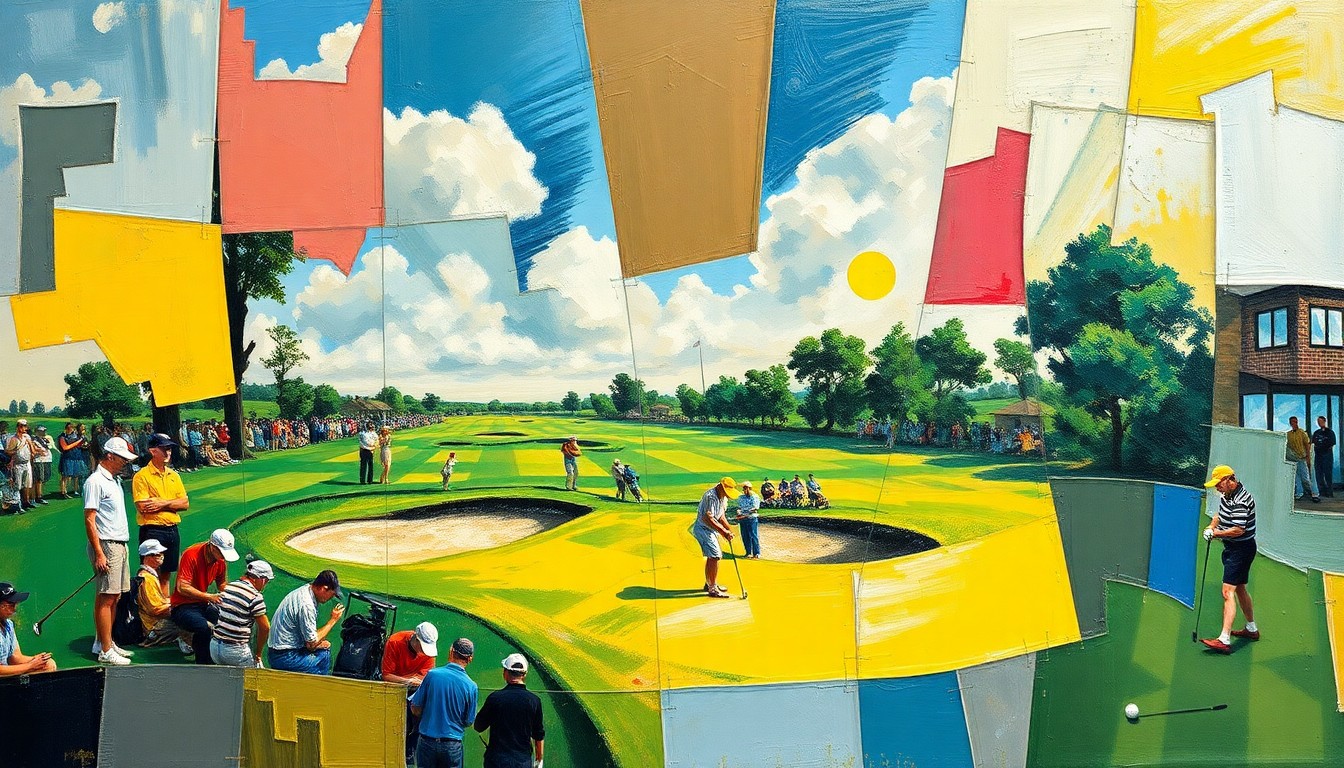 A cubist, geometric painting depicting a fragmented, multi-angled view of a golf tournament, with sharp planes of color and form representing the competitive and financial elements of the event.