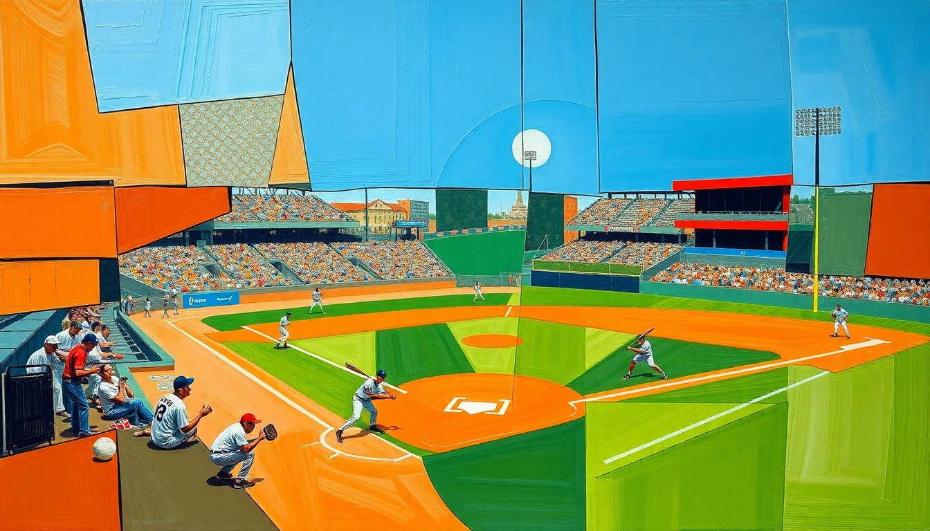 A fractured, geometric painting depicting baseball players in motion, with sharp planes of color and overlapping perspectives capturing the energy and intensity of the sport.