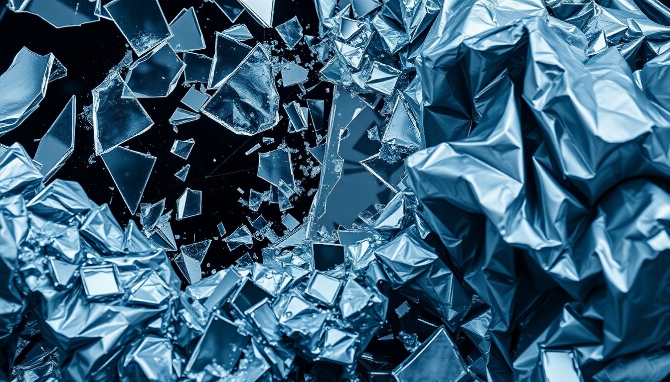 An extreme close-up photograph of jagged, reflective shards of broken glass and crumpled, metallic fabric, conceptually representing the emotional damage and betrayal of an abusive relationship in the music industry.