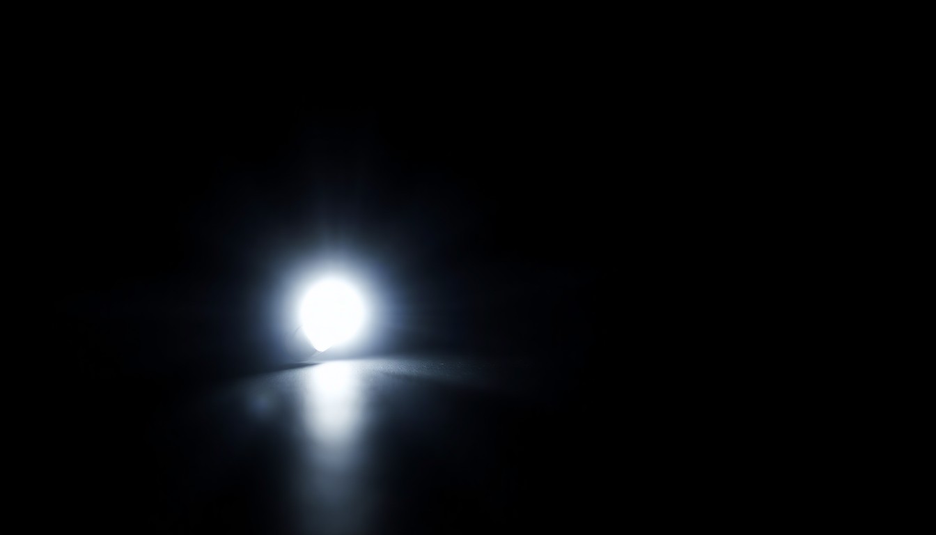 An extreme close-up photograph of a single bullet casing on a pitch-black background, the metallic surface reflecting the harsh light of the camera flash, conceptually representing the aftermath of a violent shooting incident.