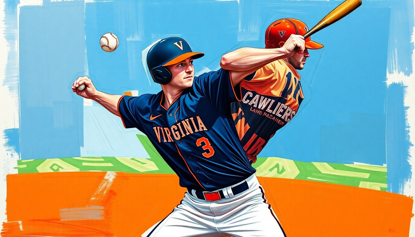 A cubist-style painting depicting a college baseball player's pitching motion and batting swing broken down into sharp, overlapping geometric shapes in the Cavaliers' navy blue and orange colors, conceptually representing the versatility and talent of Kyle Johnson.