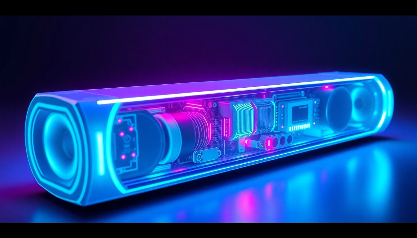 A highly detailed, glowing 3D illustration of the internal components of a soundbar, with neon cyan and magenta lights illuminating the intricate digital circuitry and hardware, representing the advanced technology powering modern home audio systems.