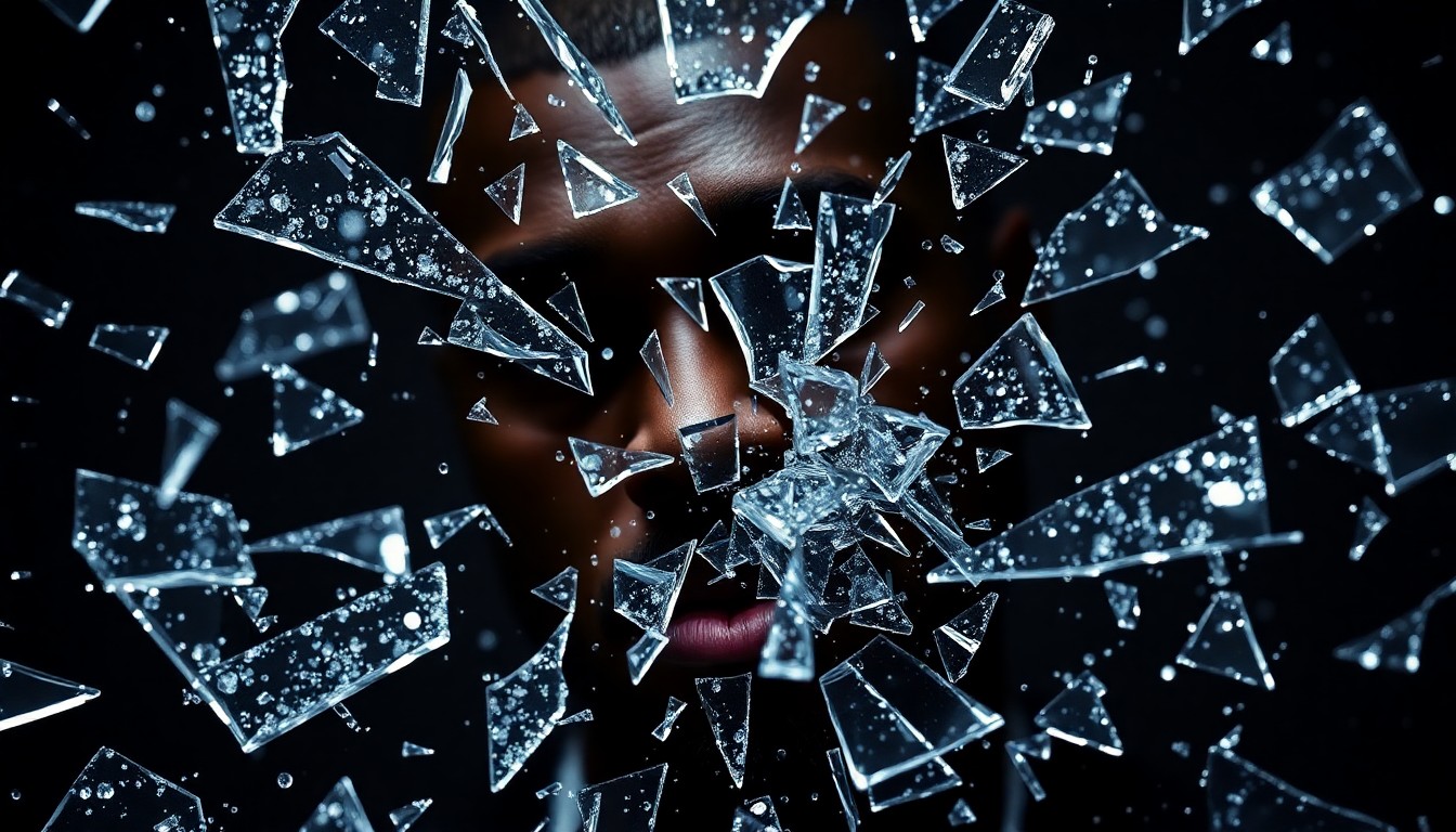 An extreme close-up of shattered glass and glittering shards, capturing the fragmented and divisive nature of the controversy surrounding Kanye West's antisemitic remarks.