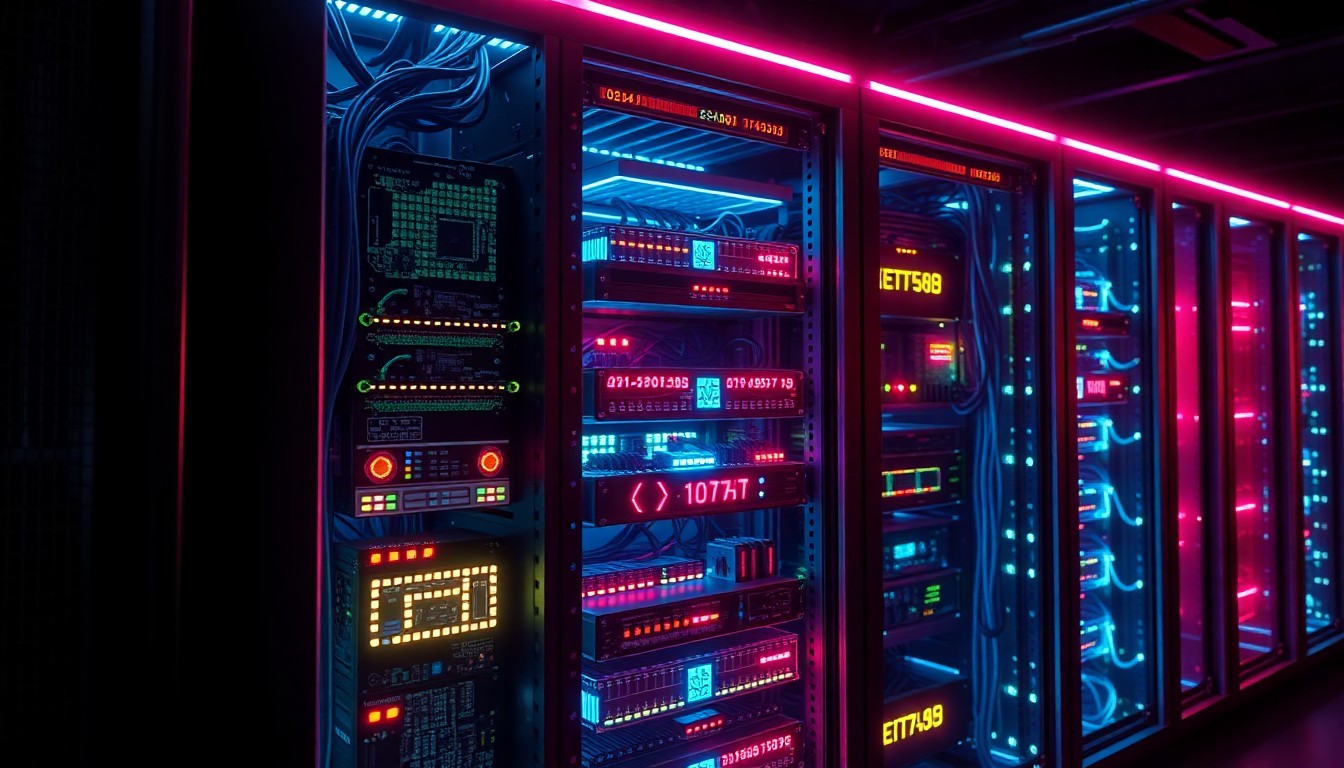 A highly detailed 3D illustration of a glowing, futuristic server rack filled with illuminated circuit boards, cables, and other digital infrastructure components, conceptually representing the secure backbone enabling the use of AI in sensitive government applications.