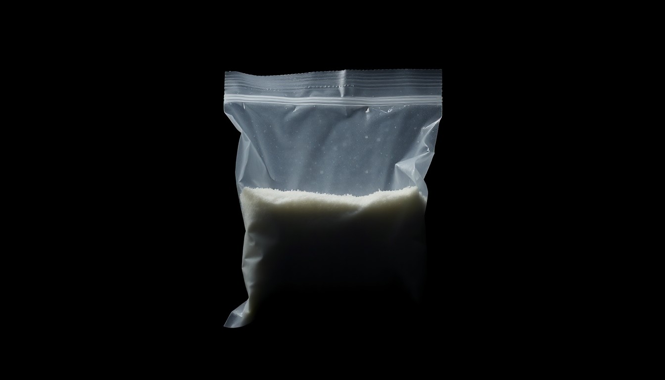 An extreme close-up of a small plastic bag containing a white powdery substance, lit by a harsh, direct camera flash against a pitch-black background, conceptually representing the drug charges against the athlete.