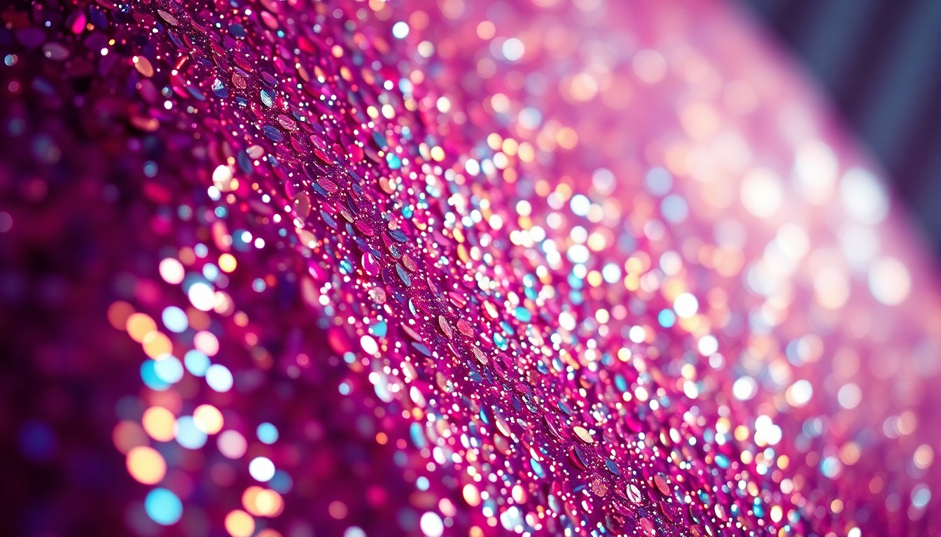 An extreme close-up of shimmering, textured fabrics and reflective surfaces in dramatic lighting, conceptually representing the glamour and energy of Sabrina Carpenter's Coachella festival performance.