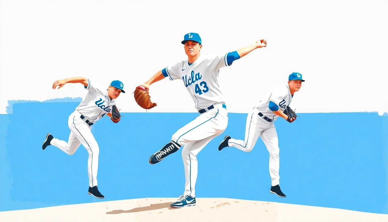 A fractured, multi-perspective painting in the style of Pablo Picasso, breaking down the UCLA pitching staff's record-breaking performance into sharp, overlapping geometric planes that convey the raw energy and precision of their dominant display.