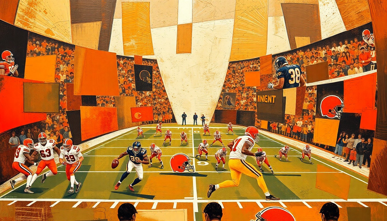 A fragmented, cubist-style painting depicting a Cleveland Browns football game, with players and the field abstracted into sharp, overlapping geometric shapes in earthy tones, conveying the dynamic energy and strategic thinking behind the team's 2026 NFL Draft plans.