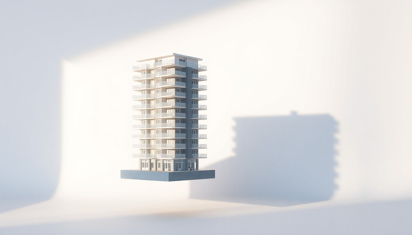 A minimalist studio photograph featuring a sleek, modern architectural model of a multi-story apartment building, constructed from premium materials like brushed steel and frosted glass, floating on a clean white background and dramatically lit to cast long shadows, conceptually representing the complexities of urban redevelopment.