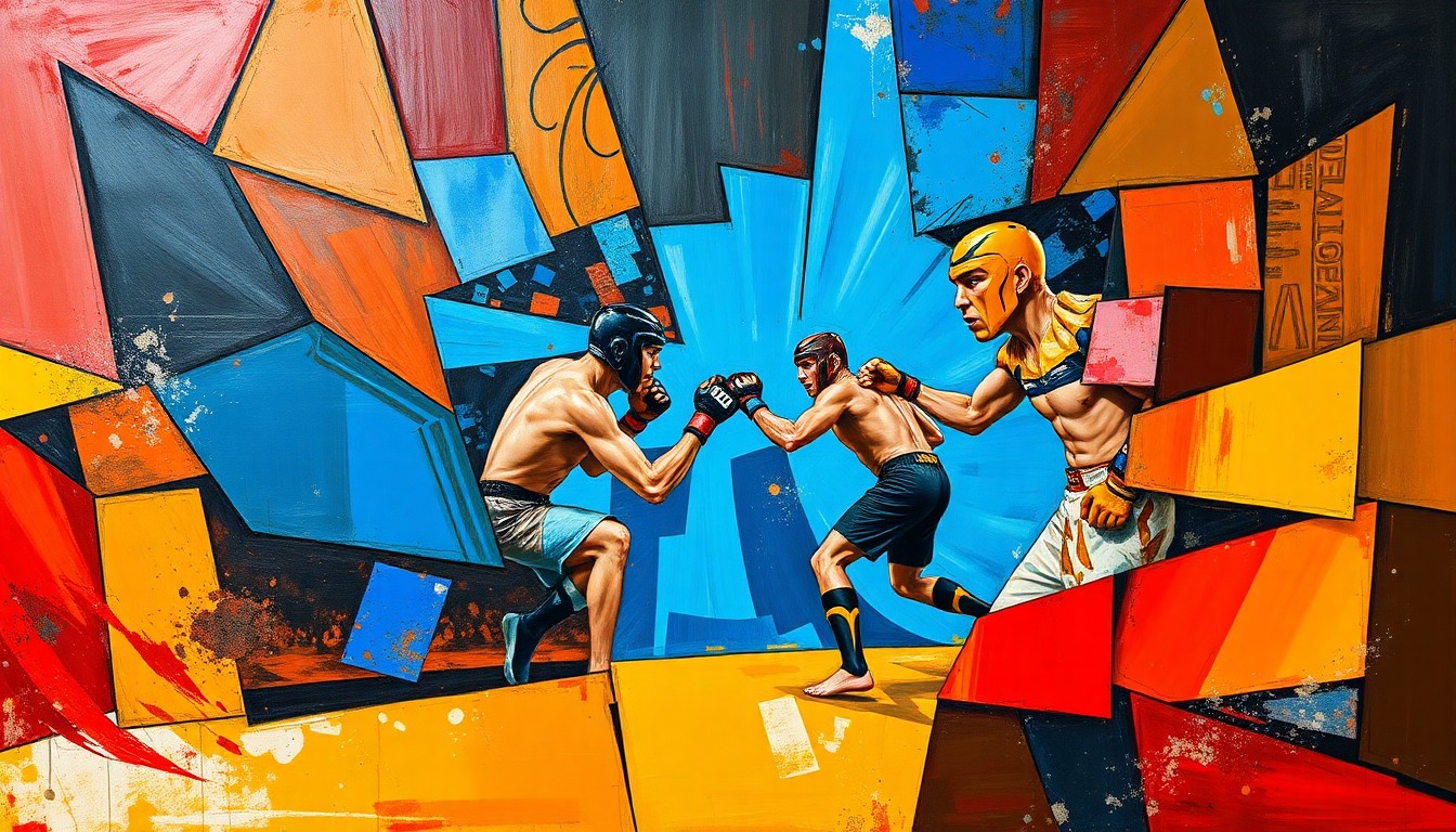 A fragmented, geometric painting depicting the chaotic movements and energy of a mixed martial arts competition, with sharp planes of color and form representing the unpredictable nature of Jon Jones' career.