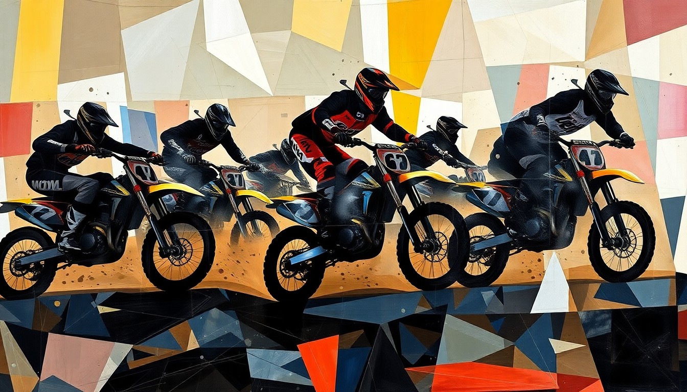 A cubist, geometric painting depicting the silhouettes of supercross riders and their bikes in dynamic motion, capturing the energy and evolving nature of the sport.