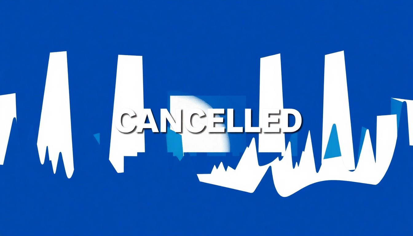 An abstract, minimalist illustration featuring stark, jagged geometric shapes in shades of blue and white, representing the silhouette of a DJ console and sound waves, conceptually symbolizing the cancellation of a major electronic music performance.