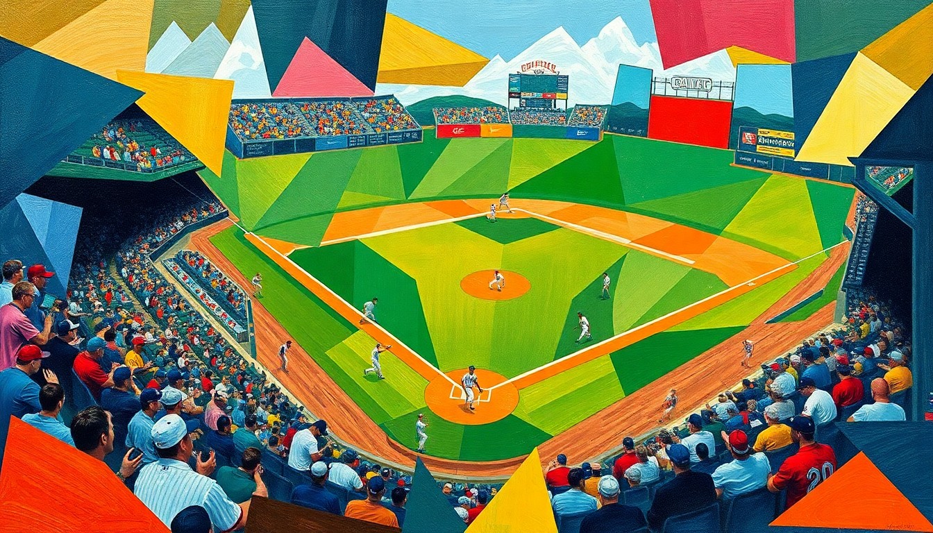 A cubist, geometric painting depicting a baseball game in motion, with players and the field broken down into sharp, overlapping shapes in the Guardians' team colors of navy blue and red.