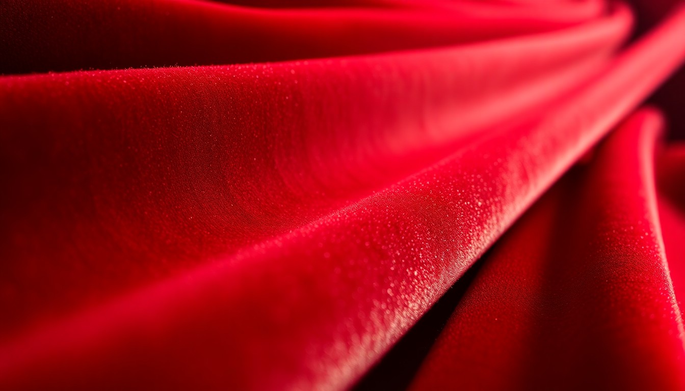 An extreme close-up photograph of rich, velvety red fabric, its luxurious texture and dramatic lighting evoking the glamour and complexity of celebrity relationships.