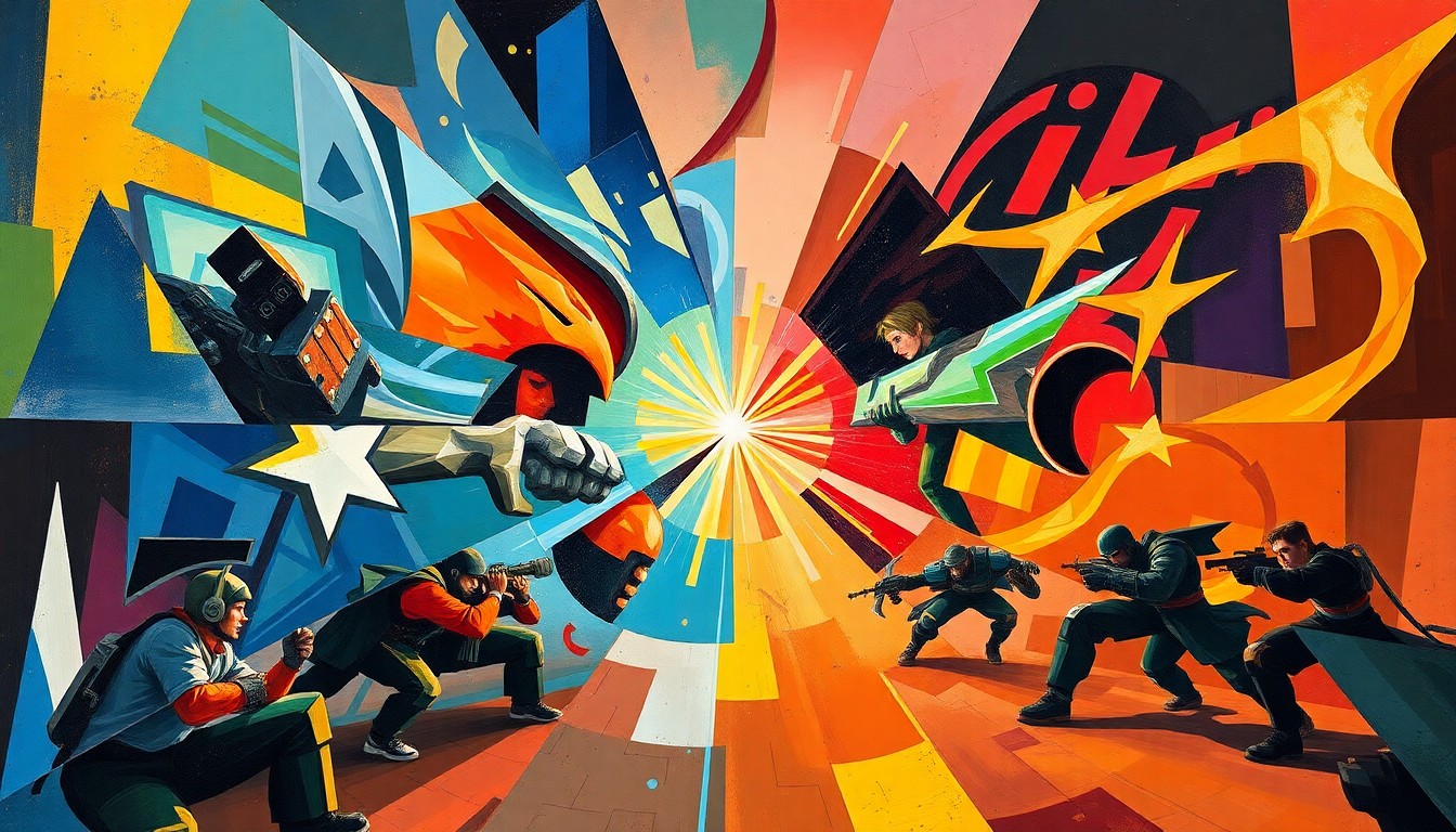 A cubist, geometric painting depicting the Heroic vs. Spirit esports match, with overlapping planes of color and shape representing the multifaceted nature of the competition and the broader implications of prediction markets.