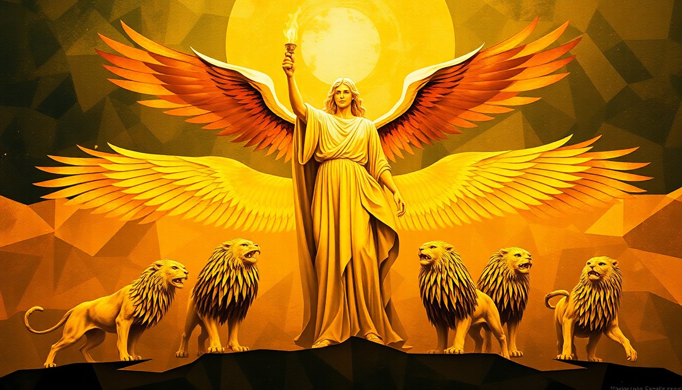 A fractured, overlapping painting in shades of gold, bronze, and amber depicts a towering winged figure holding a torch, flanked by two eagles and guarded by four lions, conveying a sense of power and motion.