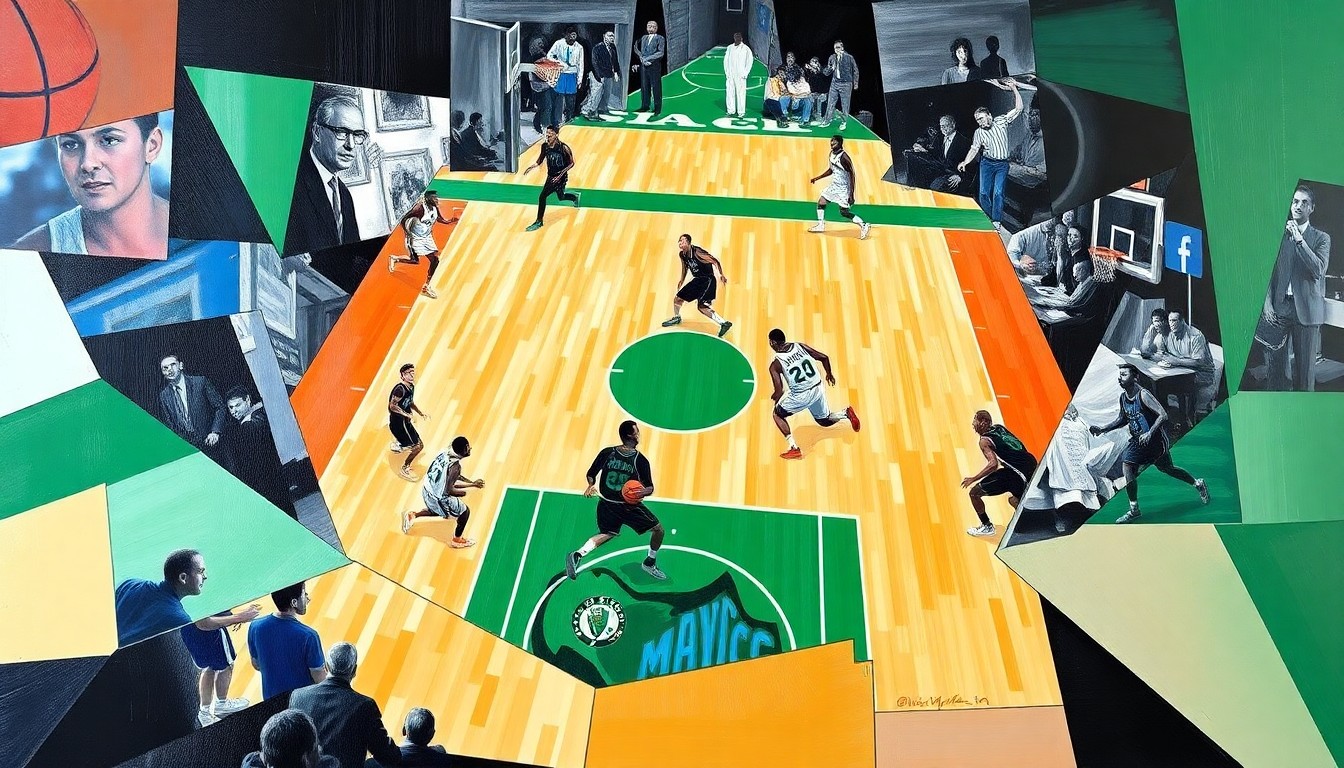 A fractured, cubist-style painting depicting the dynamic movements and overlapping perspectives of a basketball game, with the players and court rendered in sharp, geometric planes of color.