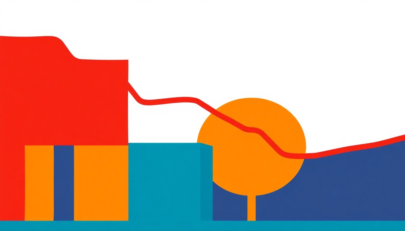 A geometric abstract illustration featuring overlapping triangles and rectangles in shades of blue, red, and yellow, conceptually representing the contracting US job market and the impact on the healthcare sector.