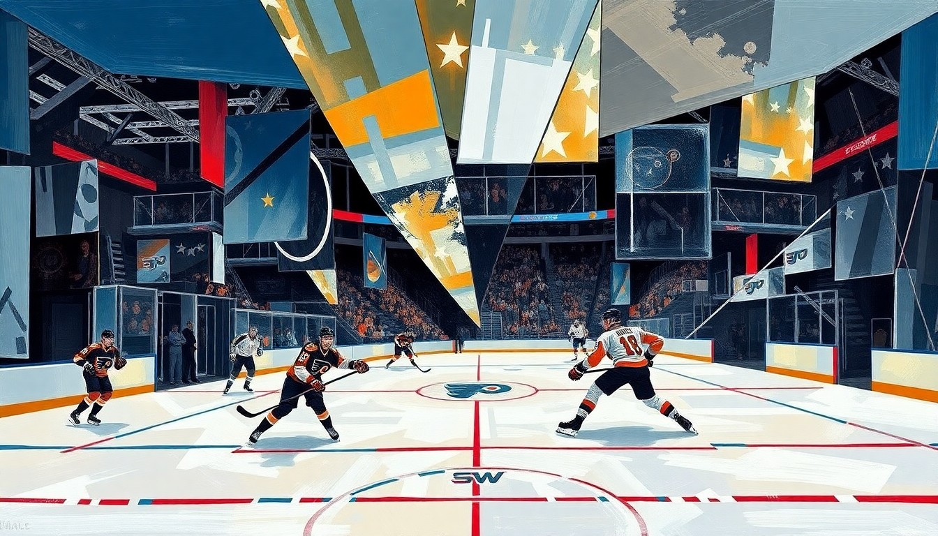 A cubist, geometric painting depicting a hockey game between the Philadelphia Flyers and Washington Capitals, with the players and action broken down into sharp, overlapping shapes and planes of color.