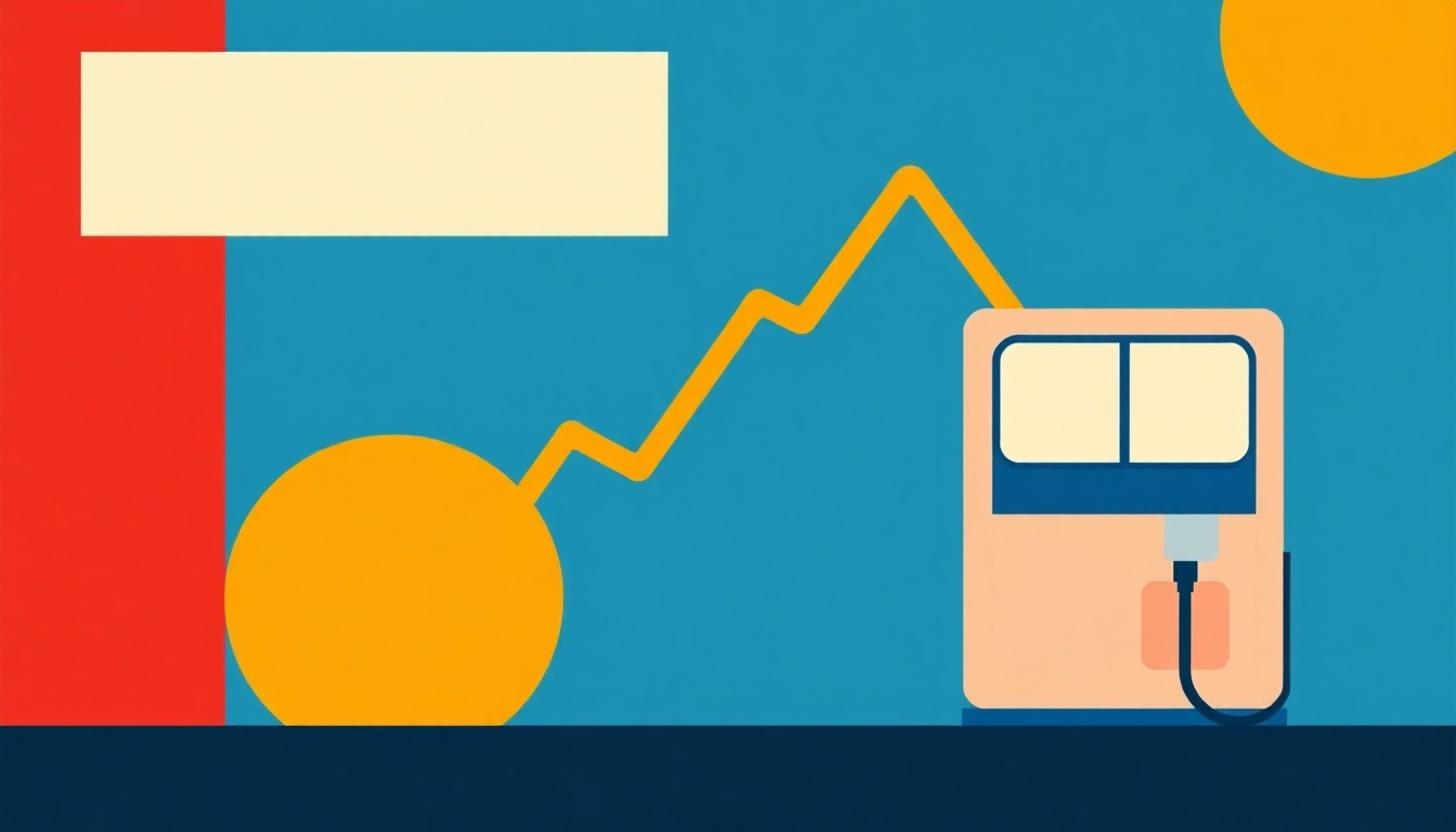 A geometric abstract illustration featuring overlapping triangles and circles in shades of blue, red, and yellow, conceptually representing the fluctuating forces of supply, demand, and pricing in the gasoline market.