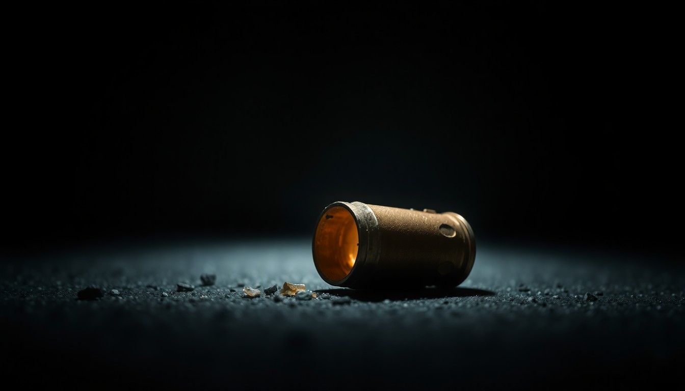 An extreme close-up photograph of a shattered bullet casing on the ground, capturing the gritty details and dramatic lighting to convey the tense and violent nature of the standoff.