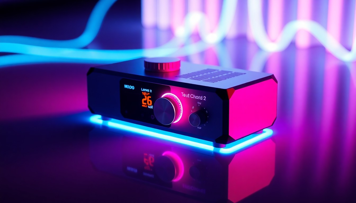 A highly detailed, glowing 3D illustration of the Chord Mojo 2 portable DAC/amp device, featuring its sleek, geometric design and tactile controls illuminated by neon cyan and magenta lights, conceptually representing the product's advanced digital audio technology.