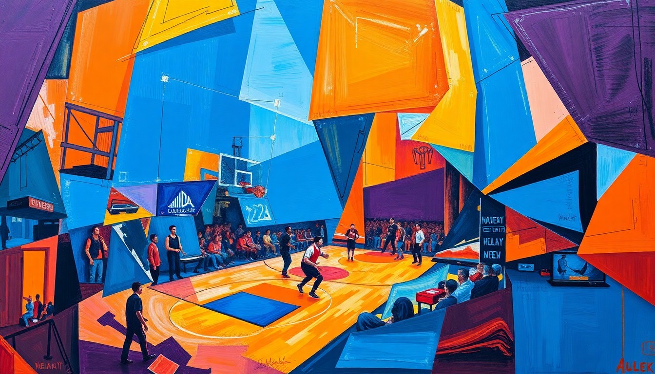 A cubist, geometric painting depicting a basketball game, with overlapping planes of color and movement, capturing the energy and intensity of the sport.