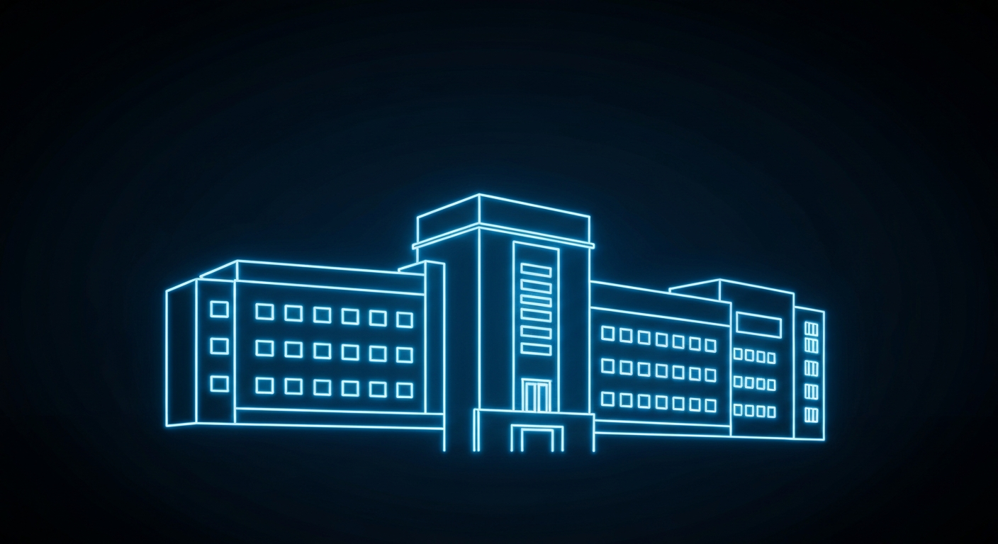 A minimalist neon outline of a hospital building, with glowing lines defining the structure's shape and details against a dark blue background, conceptually representing the tension and uncertainty surrounding a major healthcare contract dispute.