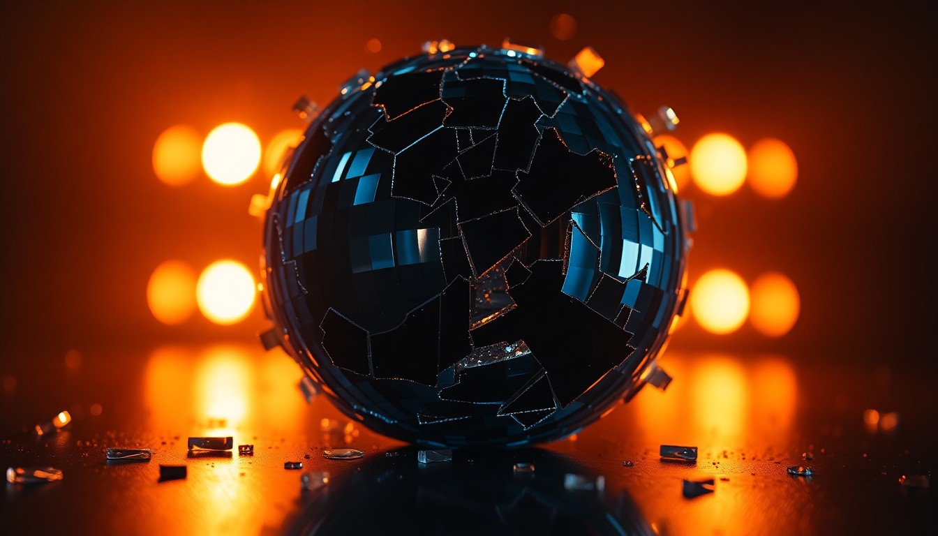 An extreme close-up of shattered glass reflecting bright, high-contrast studio lighting, creating a glitzy, high-fashion aesthetic that captures the essence of the R&B music industry.