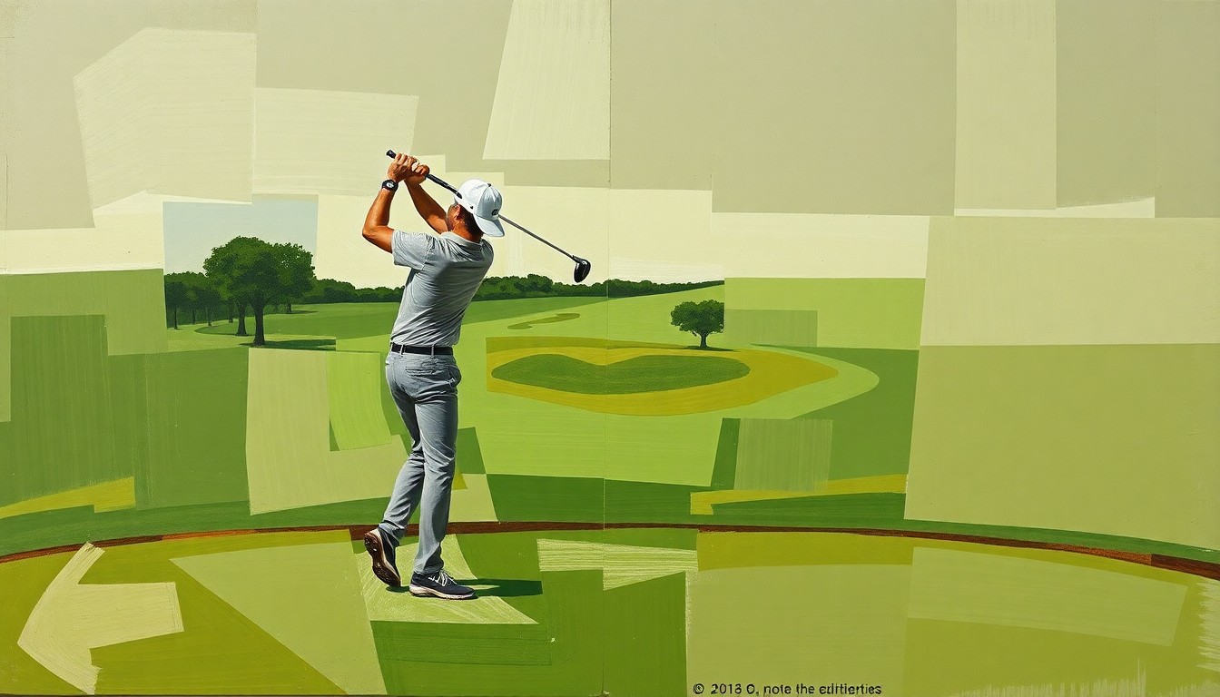 A fractured, cubist-style painting depicting a golfer's swing broken down into sharp, overlapping geometric shapes in muted earth tones, conveying the mental complexity and fragmentation of managing PTSD on the course.