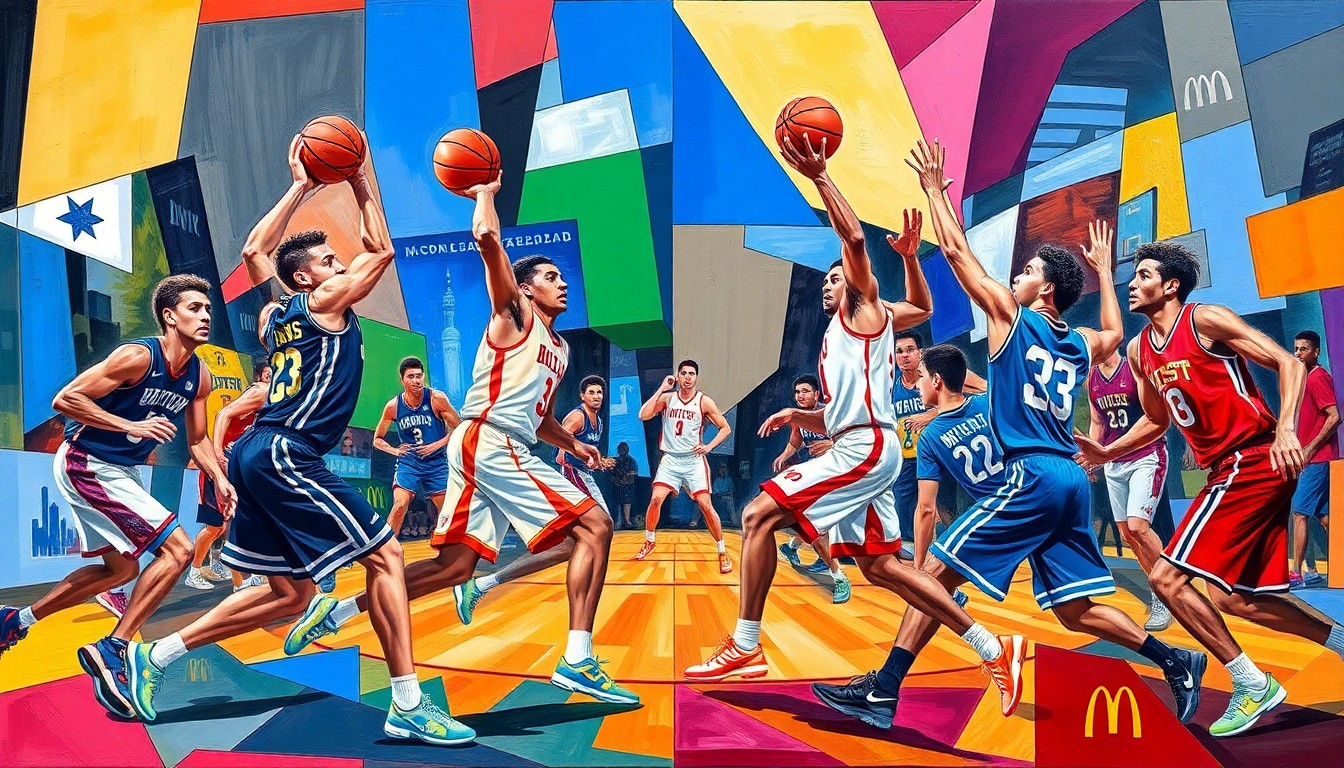 A dynamic, abstract painting featuring sharp, overlapping geometric shapes in vibrant colors, representing the fast-paced action and talent on display at the 2026 McDonald's All American Games.