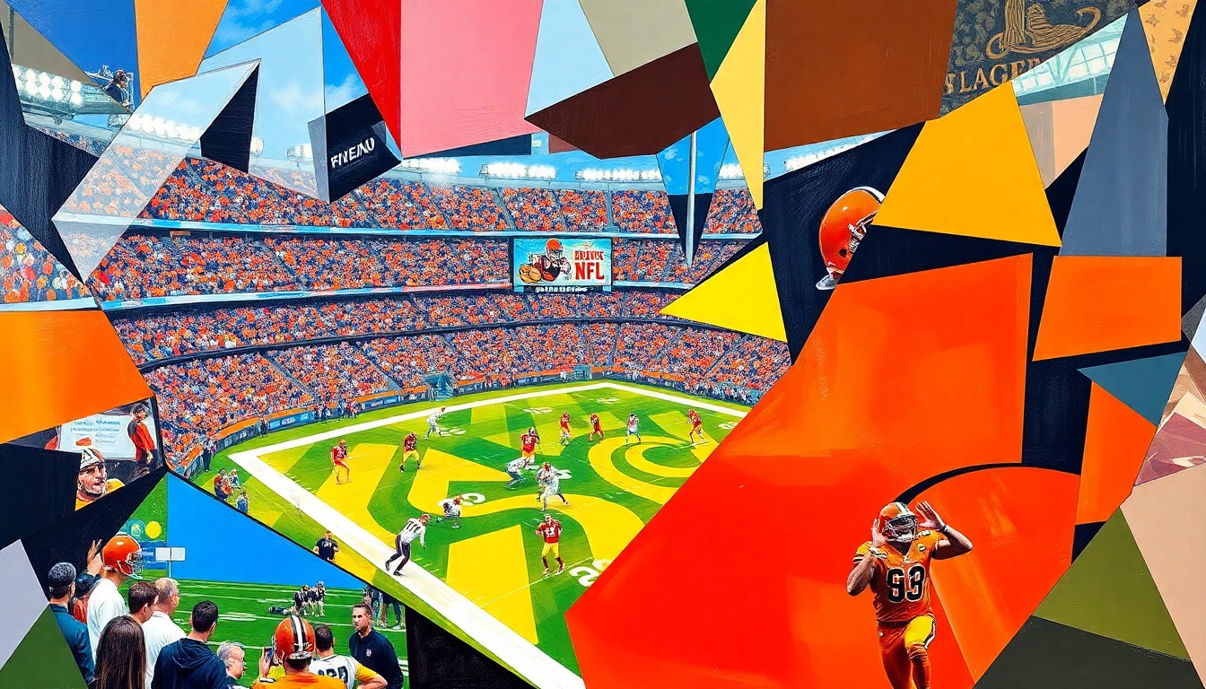 A cubist-style painting featuring overlapping geometric shapes and planes in the Browns' team colors of orange and brown, capturing the energy and anticipation of the NFL Draft.