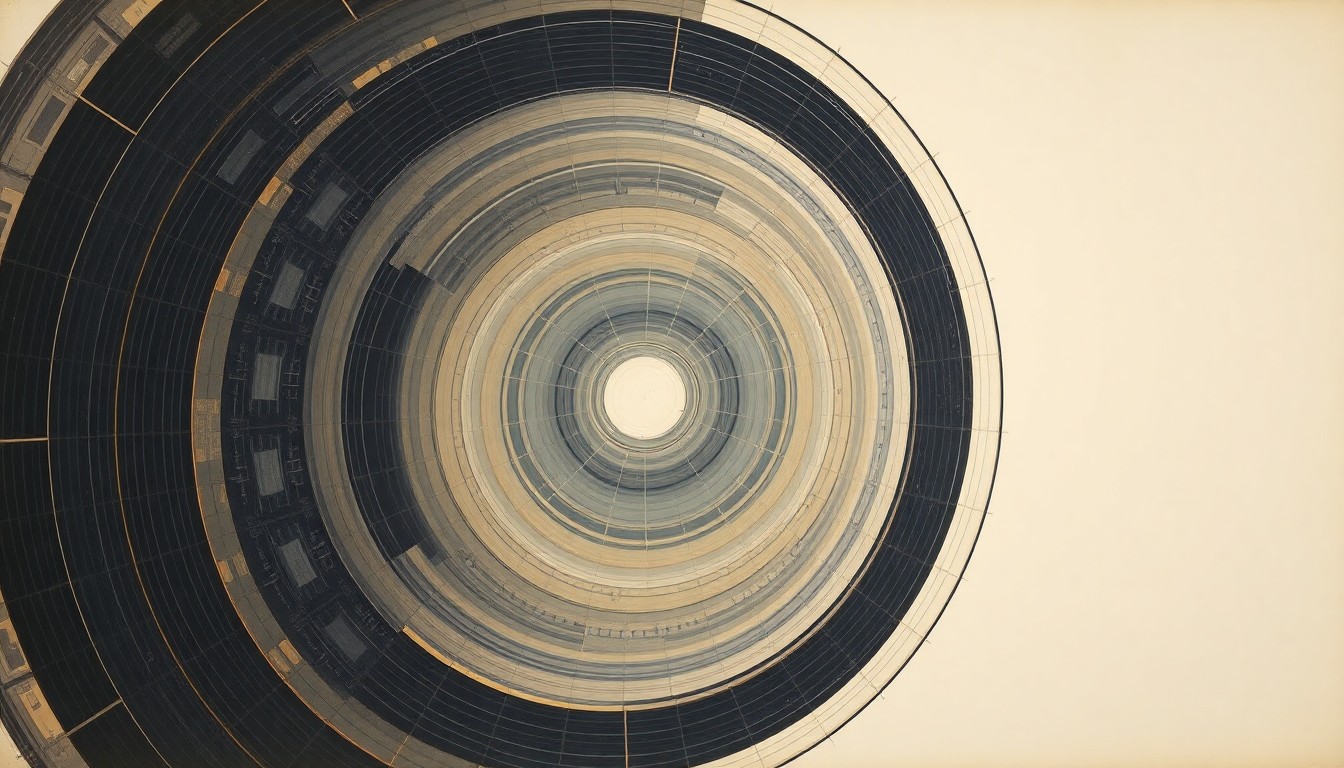 A bold, abstract painting in soft blues, greens, and oranges, depicting the sweeping geometric forms and precise spiraling patterns of a spacecraft's solar array deployment, conveying the structural order and complex forces at work.