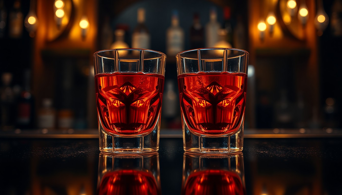 An abstract, high-contrast close-up photograph of two glasses of amber liquor on a dimly lit bar top, evoking a sense of intimate intrigue and high-stakes glamour.