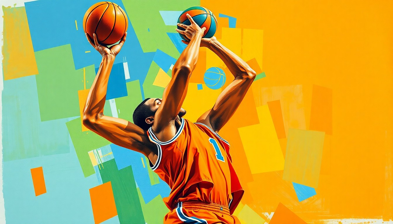 A fractured, cubist-style painting depicting the dynamic motion and energy of a basketball player's jump shot, with the player's face and jersey obscured by the overlapping geometric shapes and planes of color.