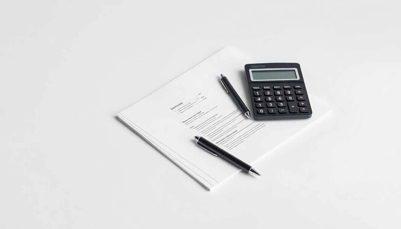 A photorealistic studio still life featuring a stack of documents, a pen, and a calculator on a clean, monochromatic background, symbolizing the abstract concepts of corporate strategy and finance.