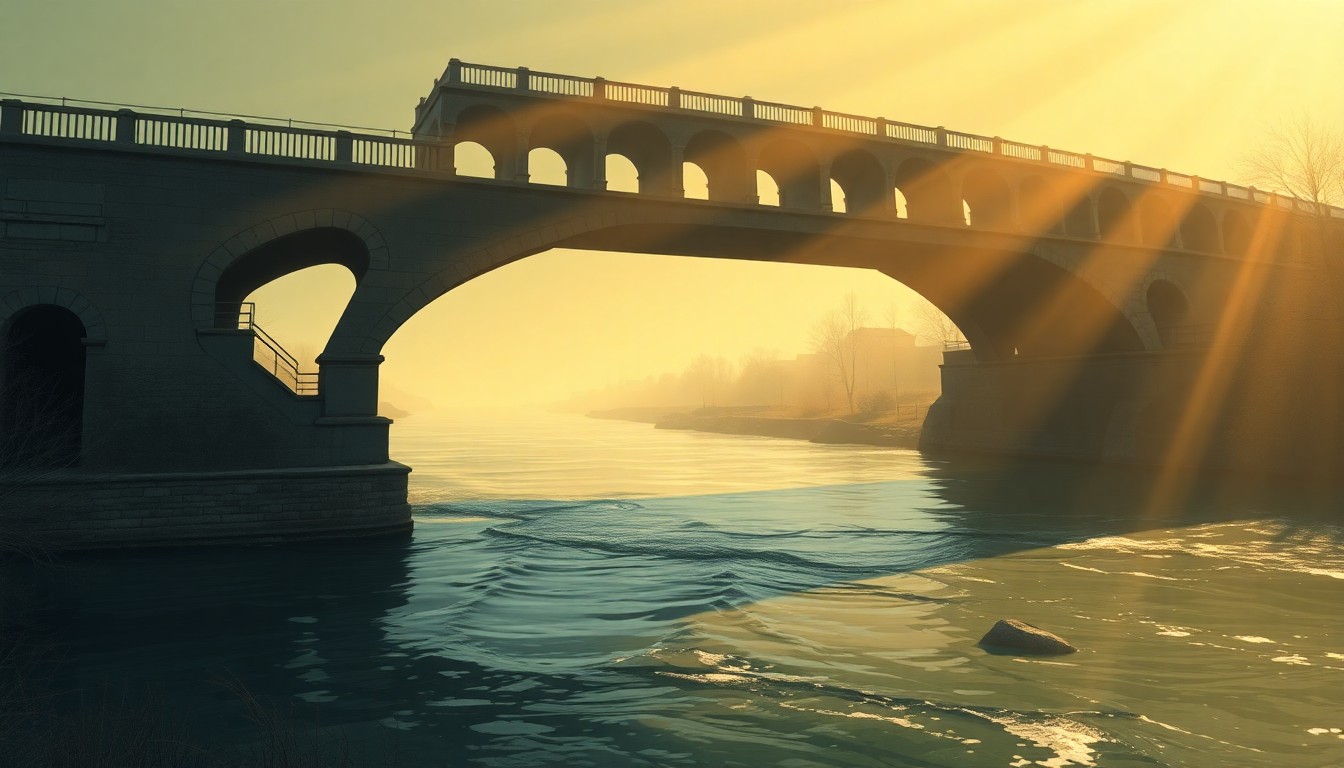 A serene, cinematic painting of an old bridge over a river, with warm sunlight and deep shadows creating a nostalgic, contemplative mood around the aging structure.