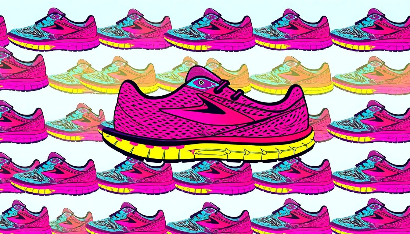 A vibrant, high-contrast silkscreen print featuring a single Brooks running shoe icon repeated in a grid pattern, using a bold, neon color palette to transform the everyday sneaker into a modern pop art piece.