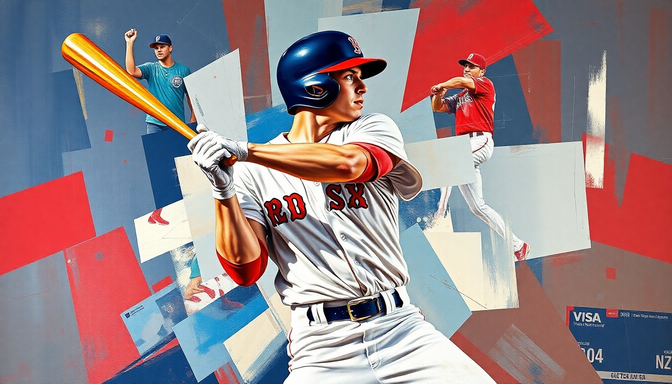 A cubist, geometric painting depicting a baseball player in the Red Sox uniform, their form fractured into sharp, overlapping planes of color, capturing the dynamic motion and energy of the sport.