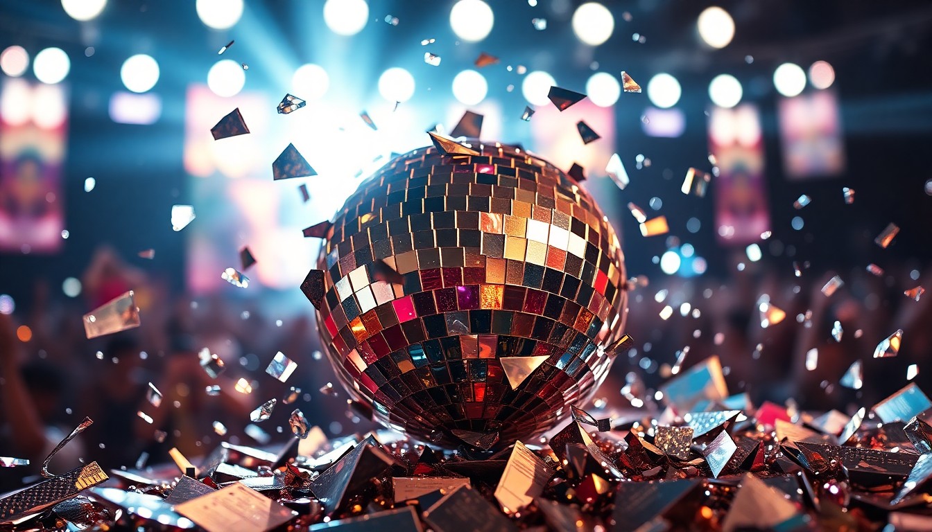 An abstract close-up photograph of shattered glass reflecting bright stage lights, capturing the glamour and energy of Sabrina Carpenter's Coachella performance.