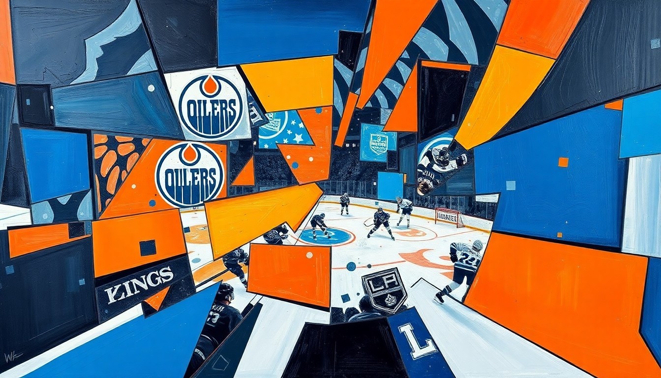A fractured, cubist-style painting depicting the action and energy of a hockey game between the Edmonton Oilers and LA Kings, with sharp geometric shapes and planes of vibrant colors representing the teams' uniforms.