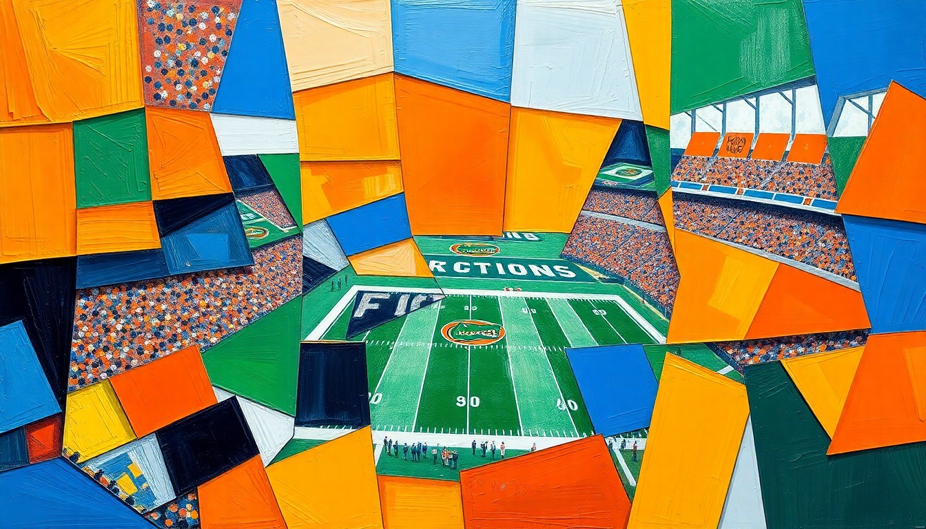 A cubist, geometric painting depicting a Florida Gators football game, with overlapping planes of orange, blue, and green representing the action on the field.