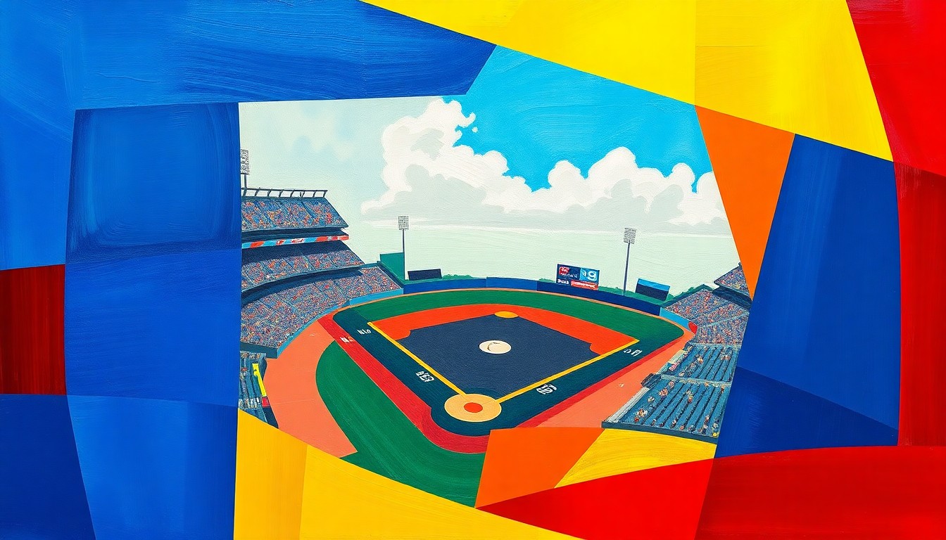 A fragmented, geometric painting in bold primary colors depicting the dynamic action and energy of a college baseball game, with players and field elements broken down into sharp, overlapping planes.