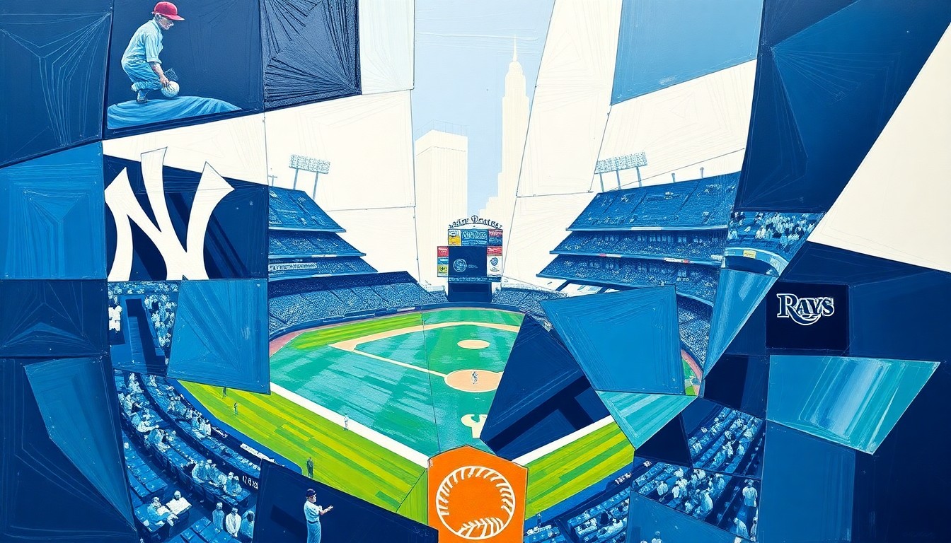 A cubist, geometric painting depicting a baseball game between the New York Yankees and Tampa Bay Rays, with the players and field broken down into overlapping, angular shapes in shades of blue.