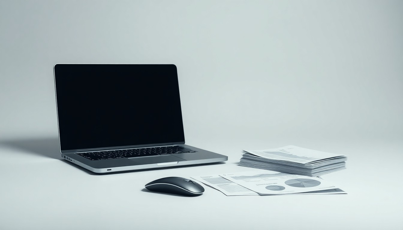 A photorealistic studio still life featuring a sleek laptop, wireless mouse, and financial documents arranged elegantly on a clean background, symbolizing the strategic corporate investment in Netflix.