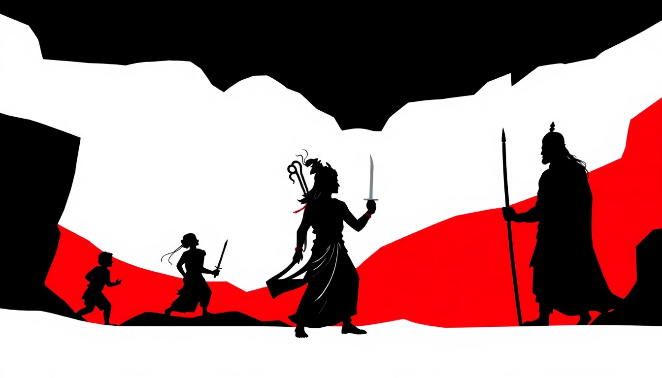 A bold, abstract composition of jagged, geometric shapes in striking red and white, conceptually representing the epic scale and grandeur of the Ramayana story.