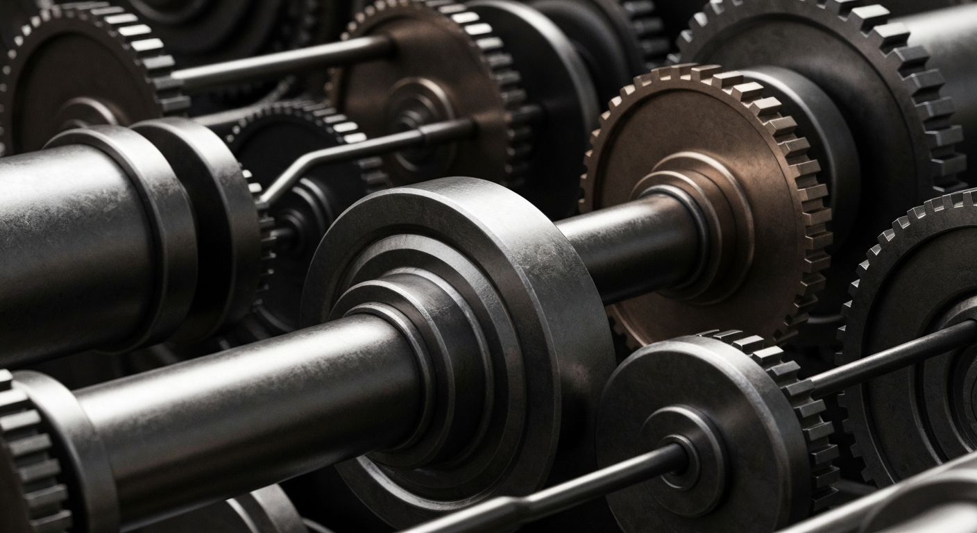 An extreme close-up of intricate, interlocking metal gears and machinery, conveying the complex financial systems and institutional power behind Boston Beer's success.